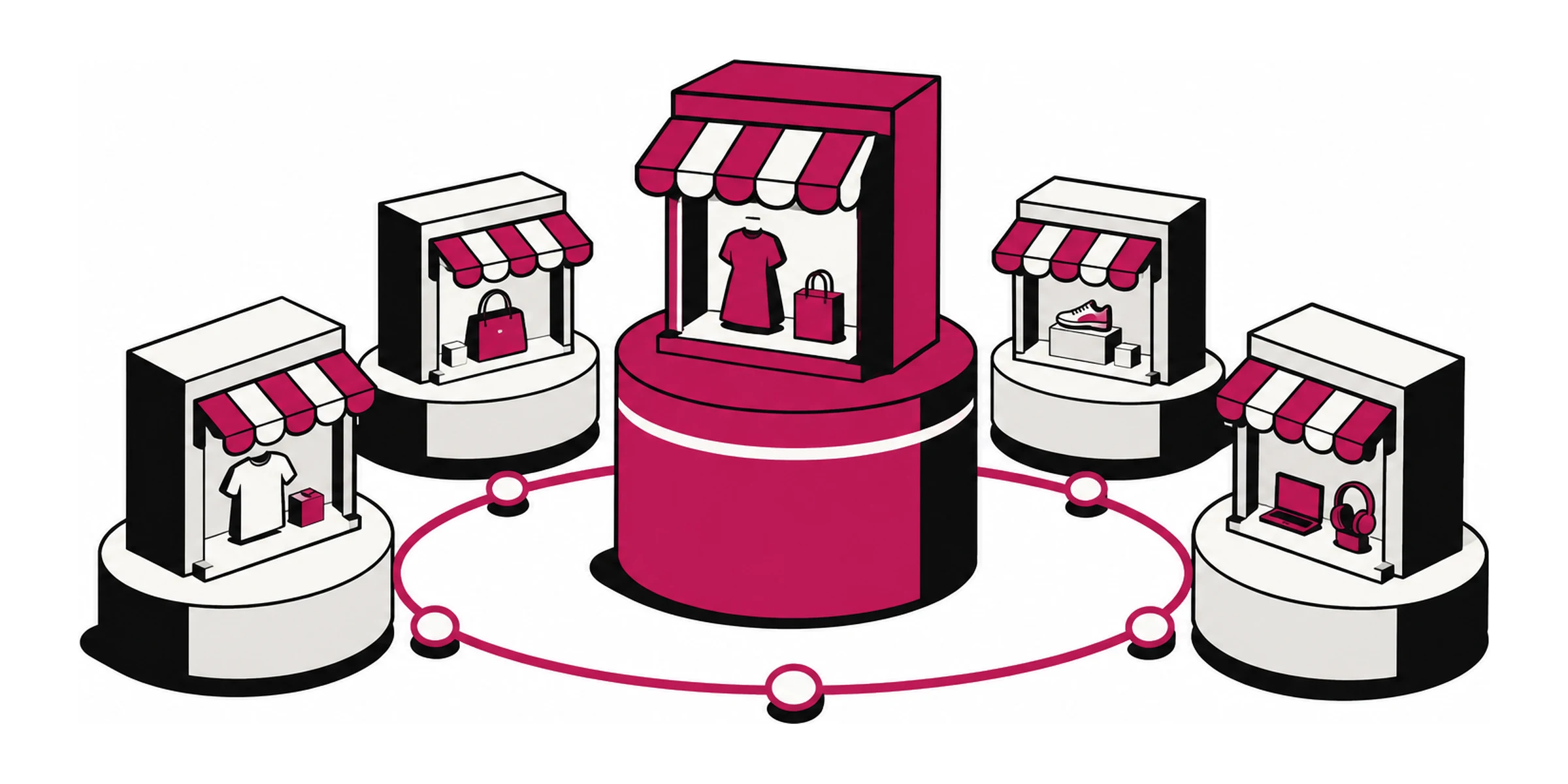 Five isometric market-stall storefronts on circular podiums linked by a ring, the tallest one in the centre raised above the rest