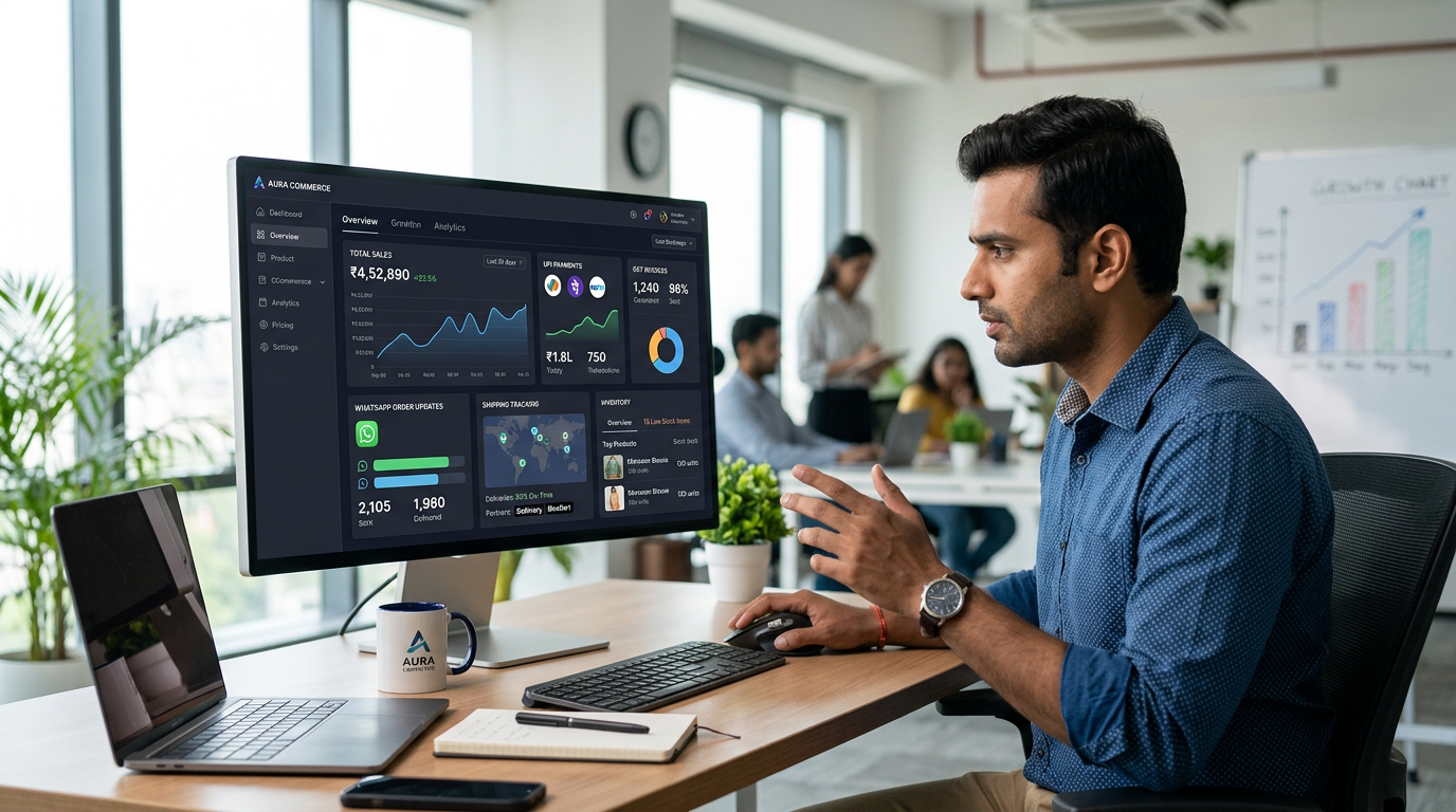 Indian ecommerce entrepreneur reviewing his online store's sales and analytics dashboard on a desktop monitor in a modern office