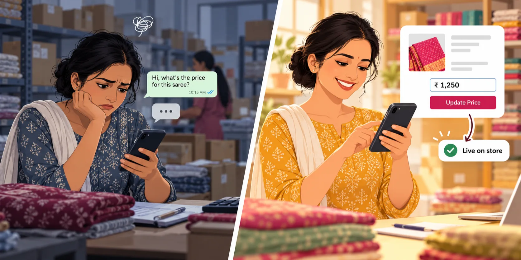 Split scene — on the left a seller waits on a WhatsApp price query with no reply; on the right the same seller updates the price herself in the QuicShop app and it goes live on her store