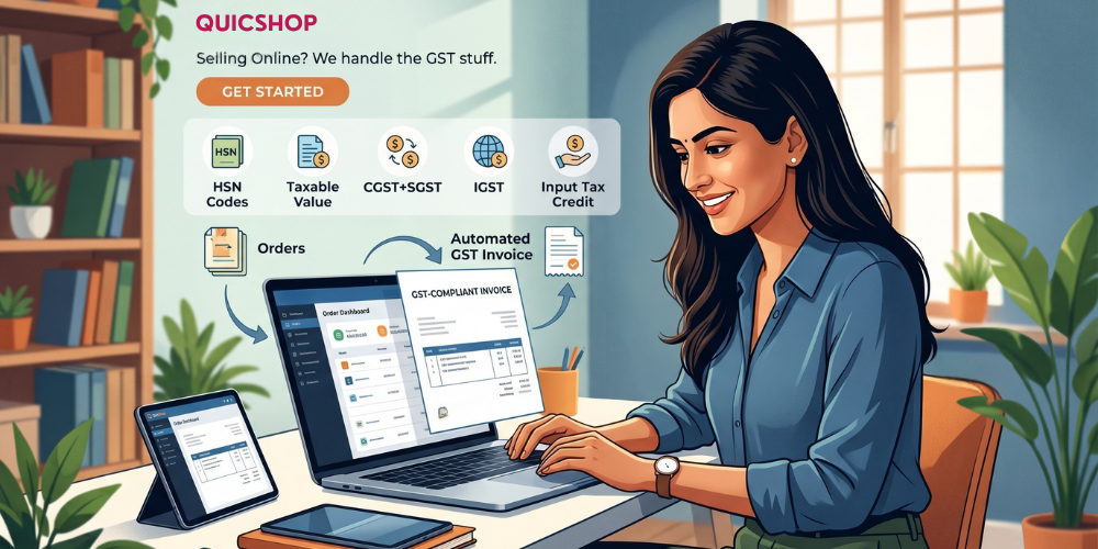 Indian online seller at a laptop while QuicShop handles GST automatically — GST invoices, HSN codes, taxable value, CGST/SGST, IGST and input tax credit