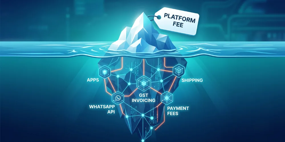 An iceberg with a 'platform fee' price tag on the visible tip, and the larger submerged mass labelled apps, WhatsApp API, GST invoicing, payment fees and shipping