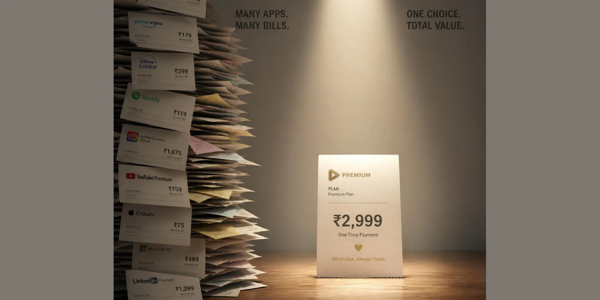 A stack of separate app bills versus one included bill