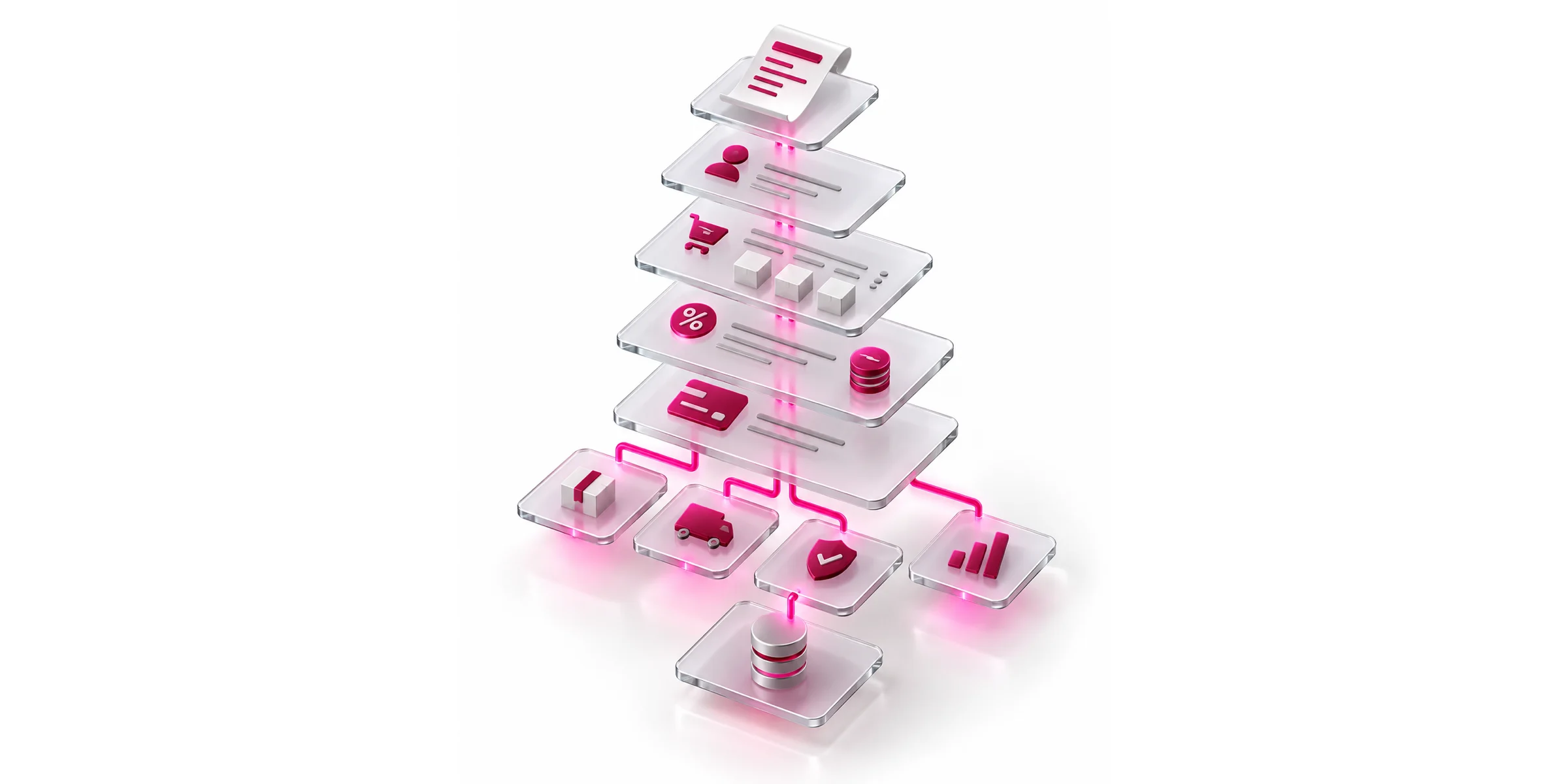 An exploded stack of translucent glass panels — invoice, customer, cart, discount and payment layers — wired by glowing pink connectors down to separate packaging, shipping, verification, analytics and database tiles
