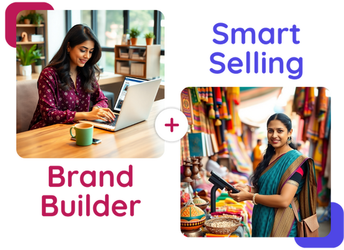 A Lady business owner using laptop and building a brand by selling online using quicshop d2c platform. Another business lady selling products in a flea market stall and billing using modern smart interface as quicshop mobile PoS .
