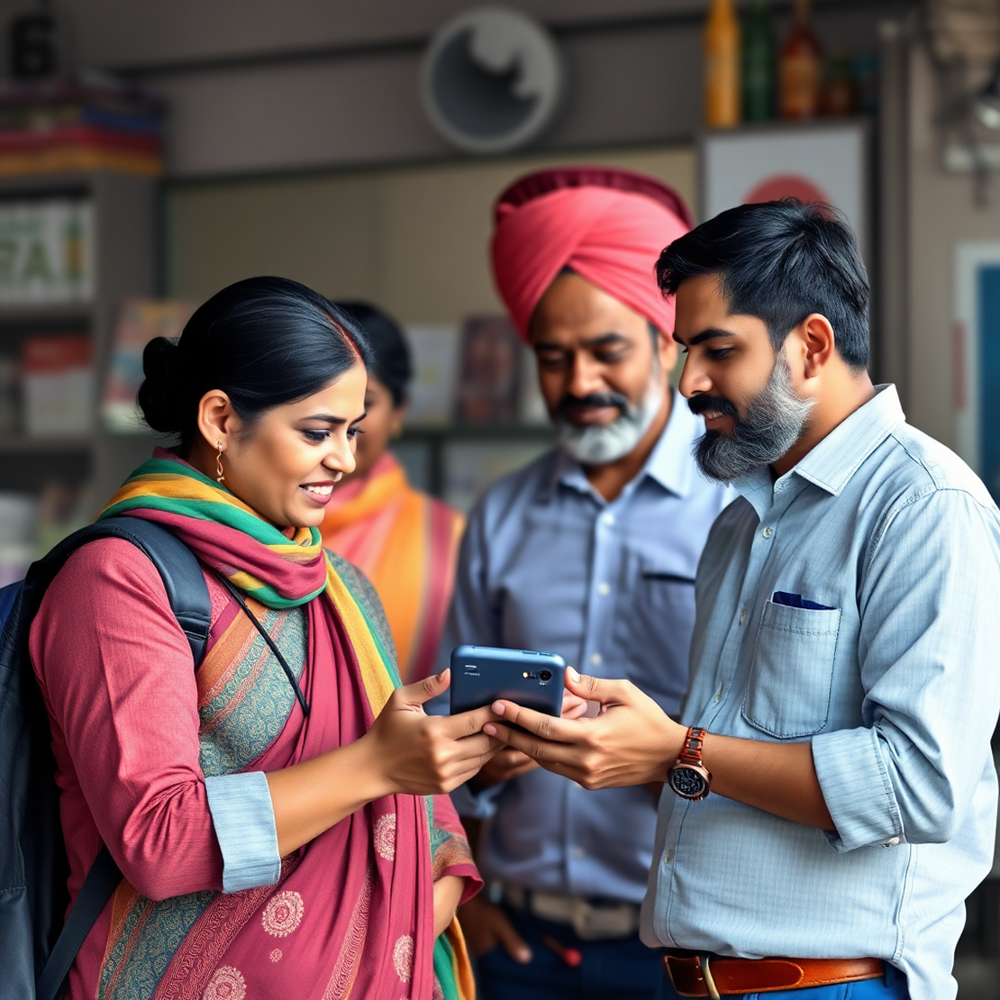 Diverse Indian business owners using digital payment methods, UPI interface, Digital India theme, modern technology adoption like quicshop.