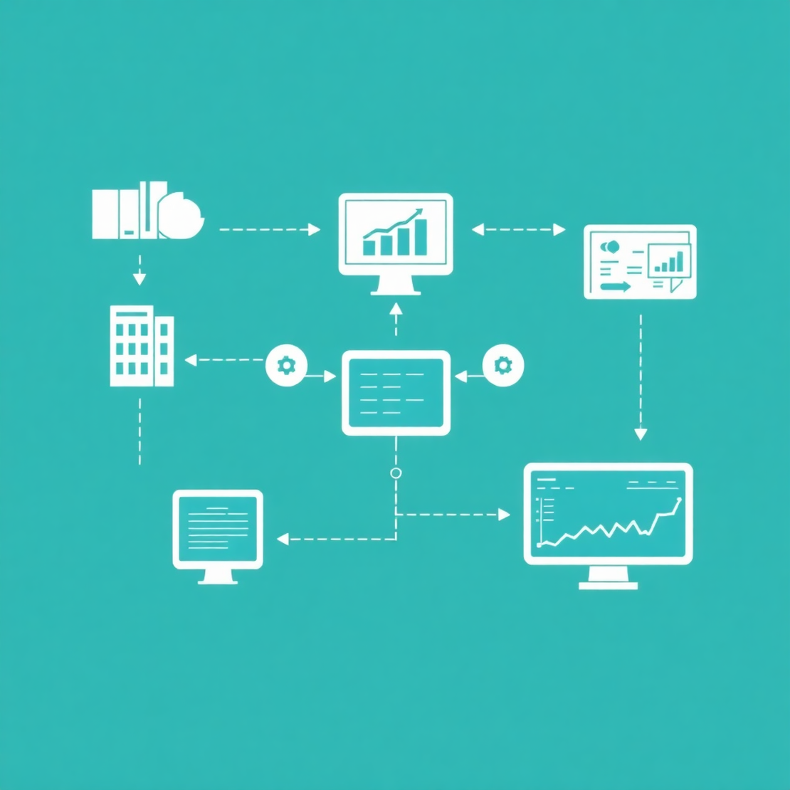 business workflow diagram showing integrated systems - POS connecting to inventory, CRM, and analytics dashboard, modern tech illustration style