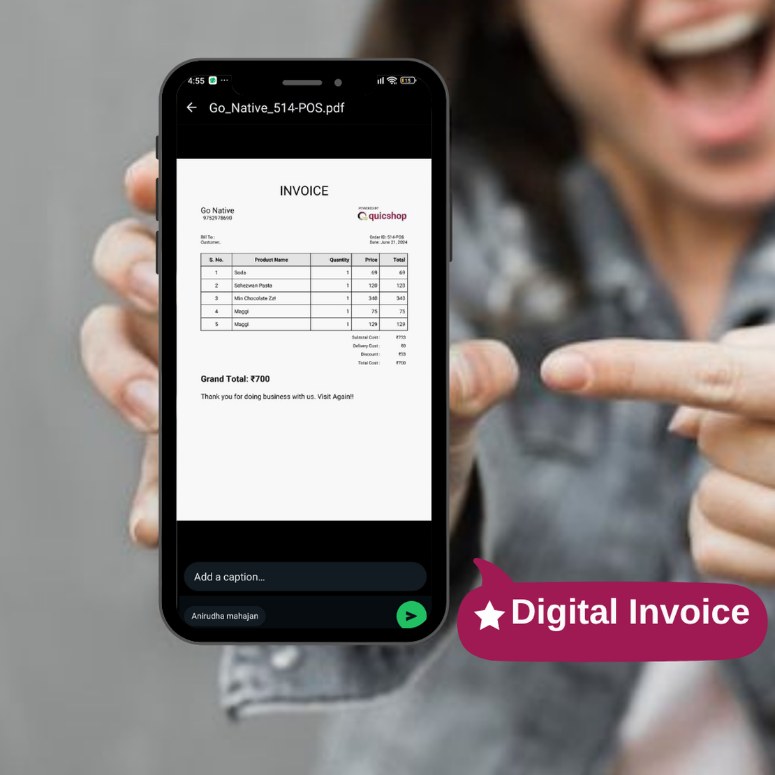 Digital receipt on WhatsApp, smartphone showing invoice sent via messaging app, eco-friendly billing.