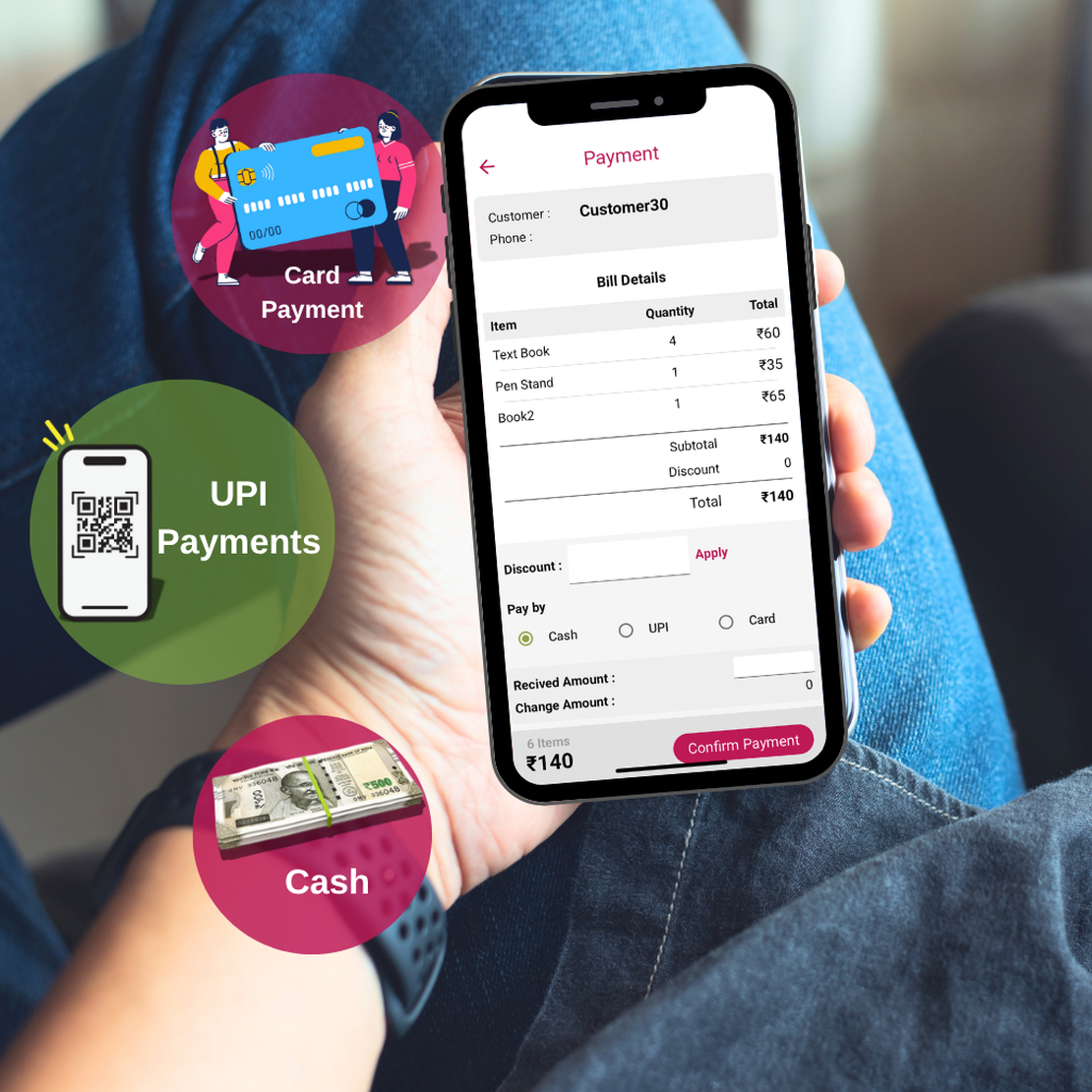 UPI payment on smartphone, Indian customer making digital payment, QR code scanning interface.