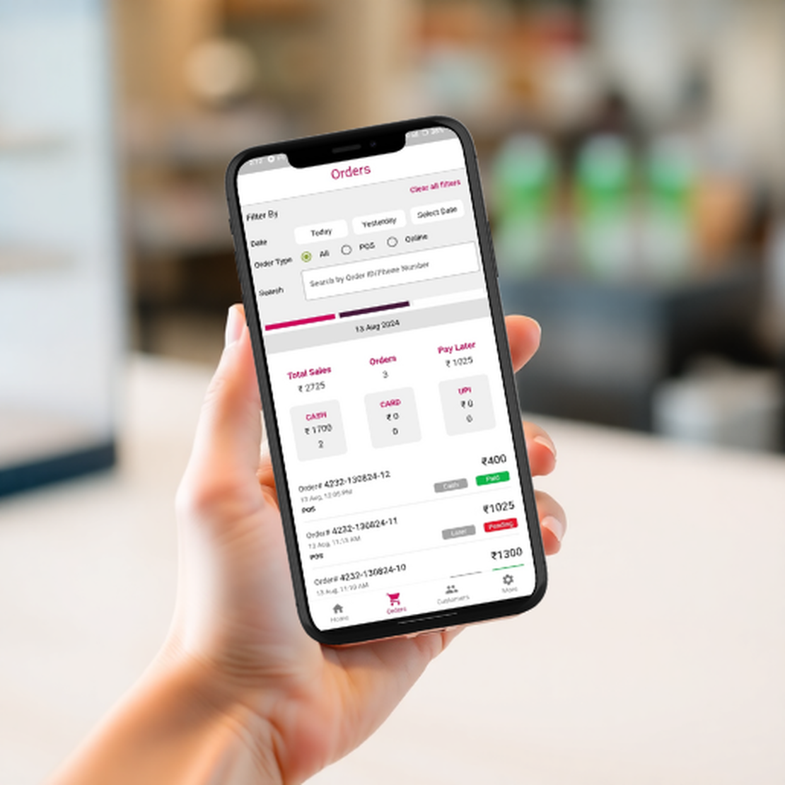 Mobile phone showing quicshop POS billing interface with Indian rupee transactions, modern clean design and easy navigation